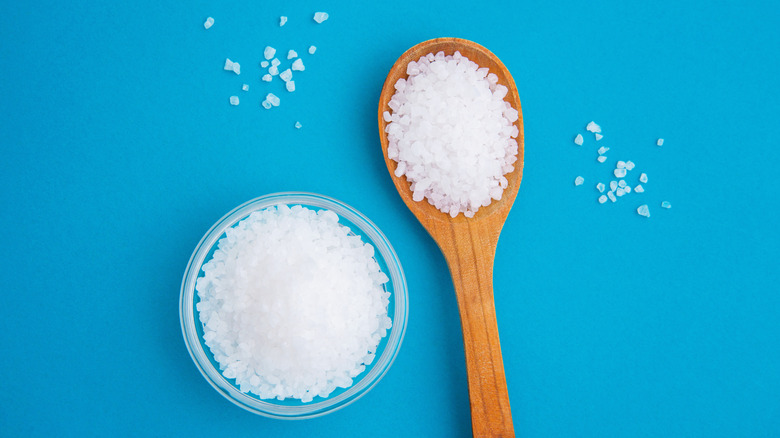 A bowl of salt and a wooden spoon holding salt lie on a blue background