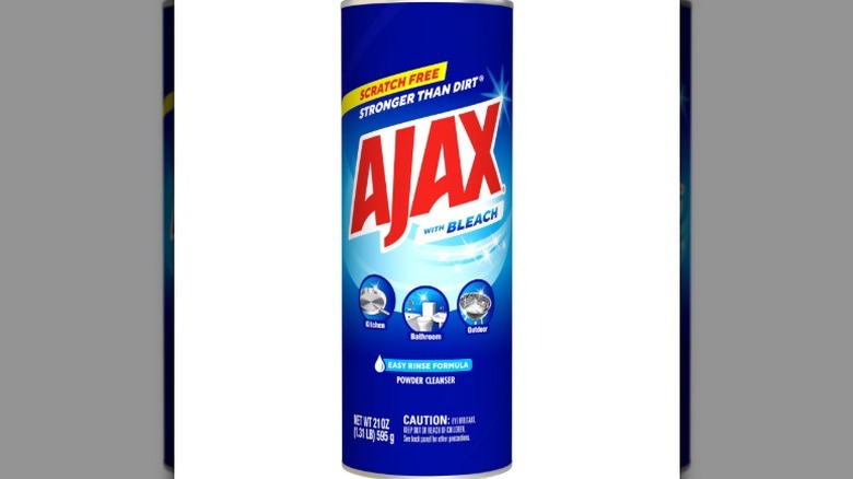 A canister of Ajax powder cleaner with bleach is displayed against a white background