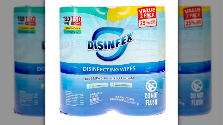 A two-pack of Disinfex disinfecting wipes is displayed against a white background