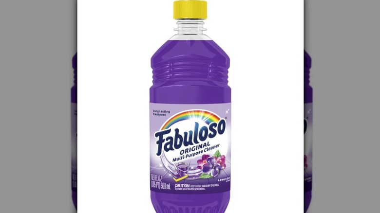 A bottle of lavender-scented Fabuloso sits against a white background
