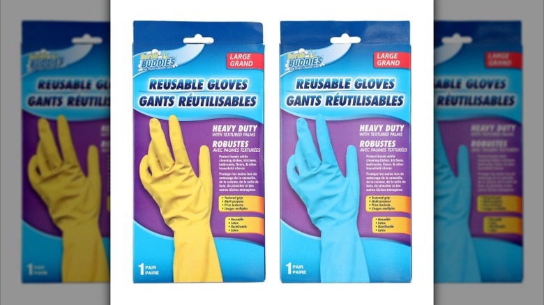 Two boxes of Scrub Buddies long-cuff reusable latex gloves are displayed against a white background