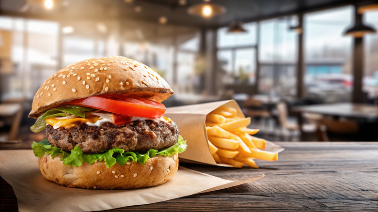 A classic burger paired with fries.