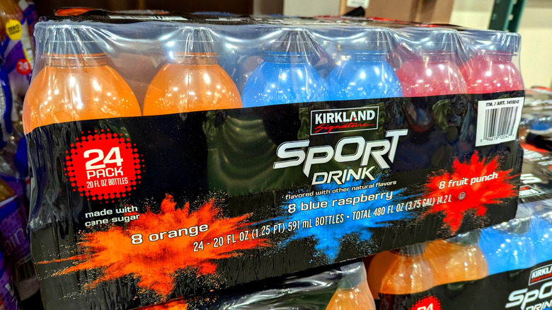 Case of Kirkland Signature Sport Drink stacked on a pallet