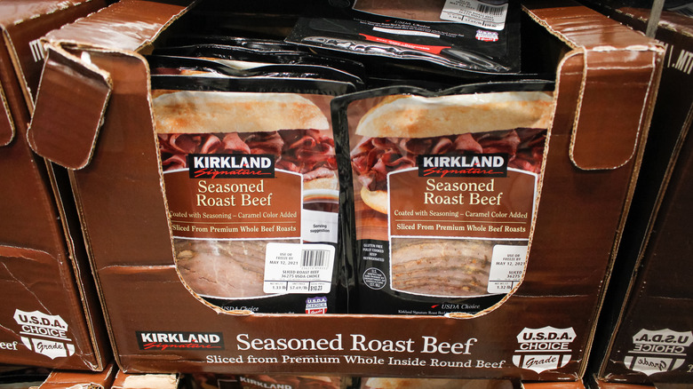 Packages of Kirkland Signature roast beef in a Costco case