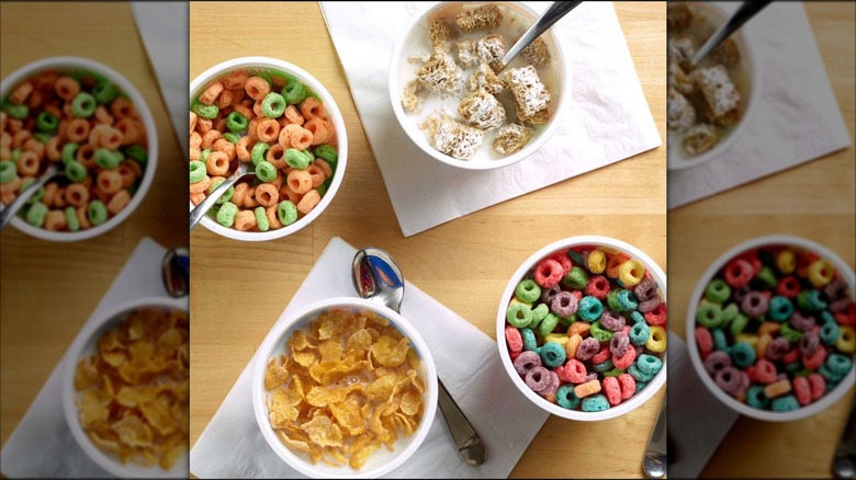 Bowls of Kellogg's cereal arranged on a table