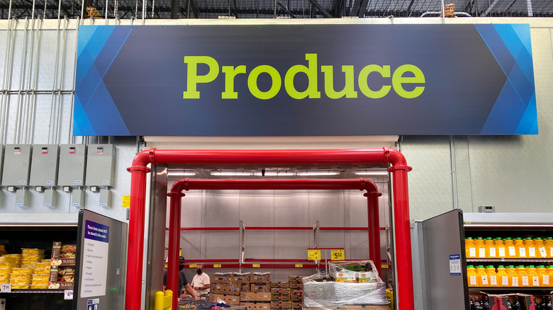 Entry to refrigerated produce at a Sam's Club warehouse