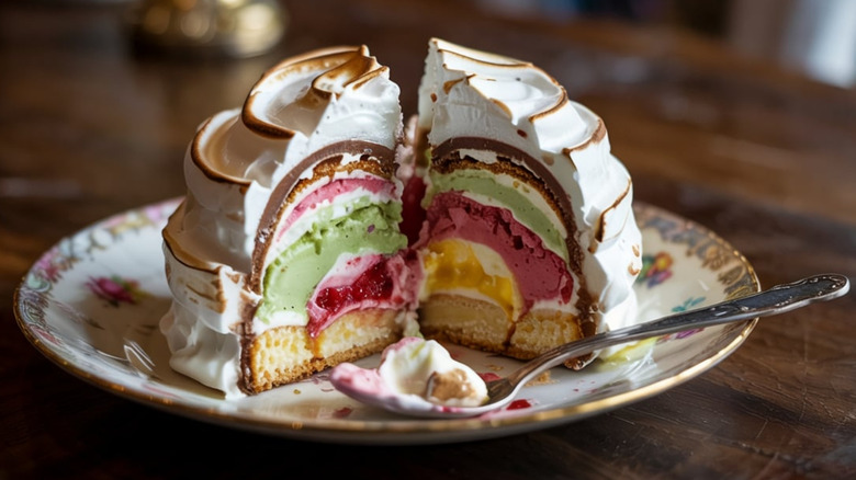 Baked Alaska with colorful ice cream center and toasted merengue shell