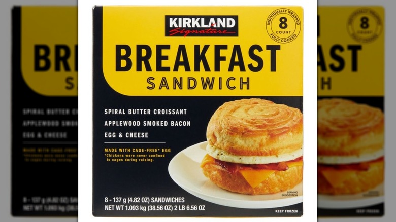 Close-up of box of Kirkland Signature Breakfast Sandwiches