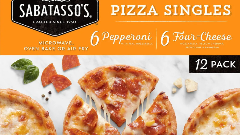 Close-up of box of Sabatasso's Pizza Singles