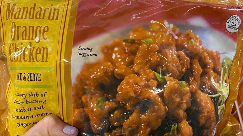 Close-up of a bag of Trader Joe's Mandarin Orange Chicken
