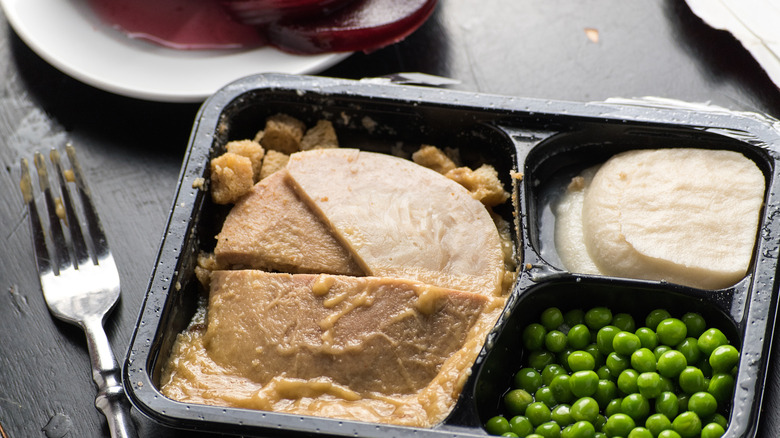 turkey TV dinner with green beans and mashed potatoes