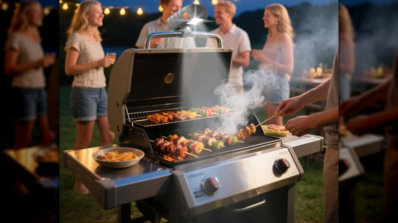 Grilling at night with a handle-mounted light.