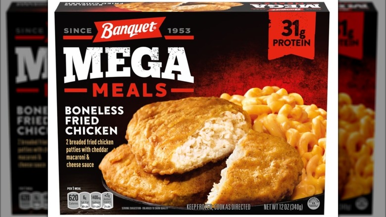 A box of Banquet Mega Meal boneless fried chicken