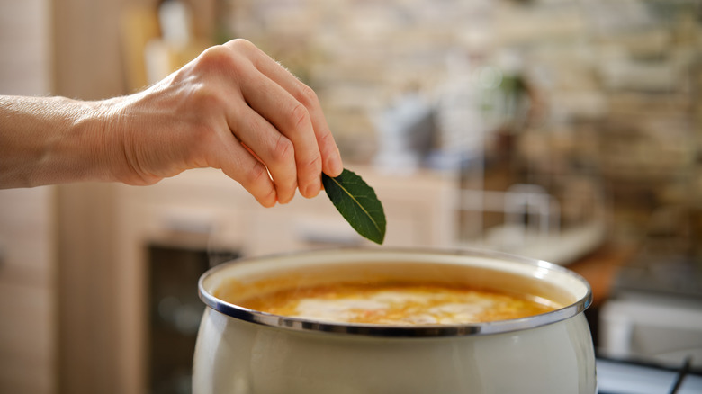 Someone puts a dried bay leaf into a small pot of soup.