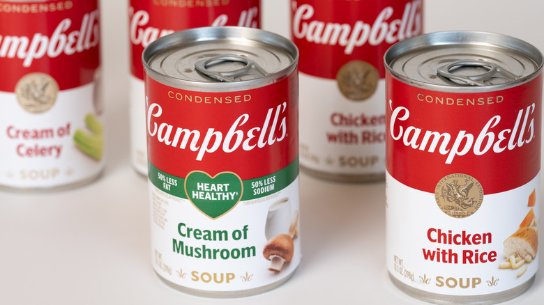 A variety of Campbell's canned soups.