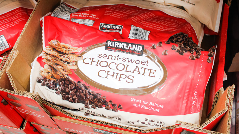 Box full of bags of Kirkland Signature Semi-Sweet Chocolate Chips
