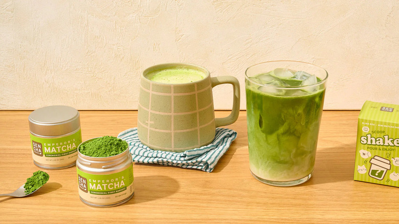 matcha containers, hot matcha, and iced matcha