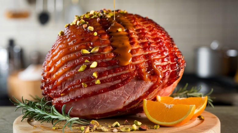 Beautiful baked with glaze and orange slices, pistachios, and fresh herbs