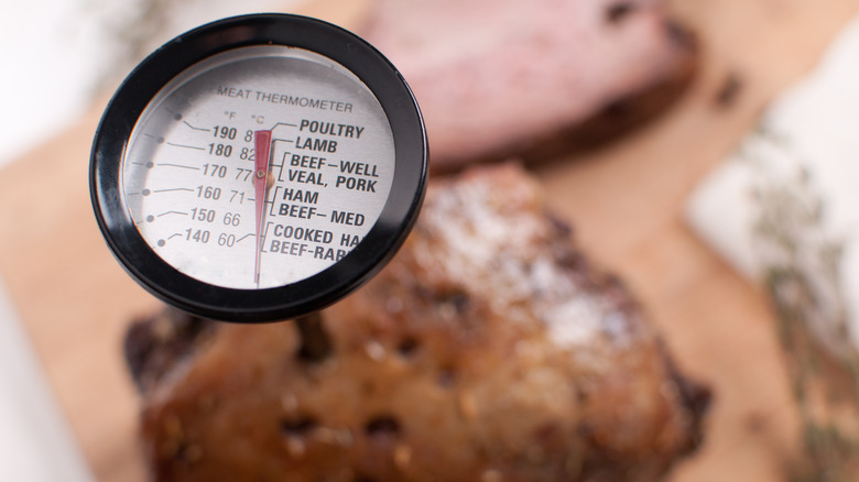 Meat thermometer inside piece of pork