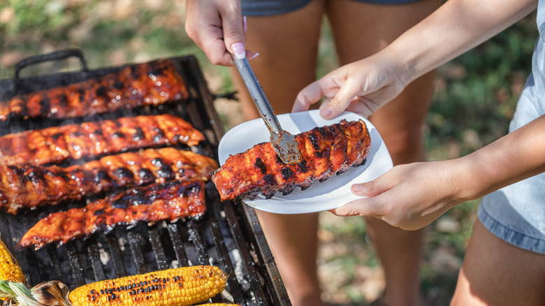 Pork ribs on a barbecue grill