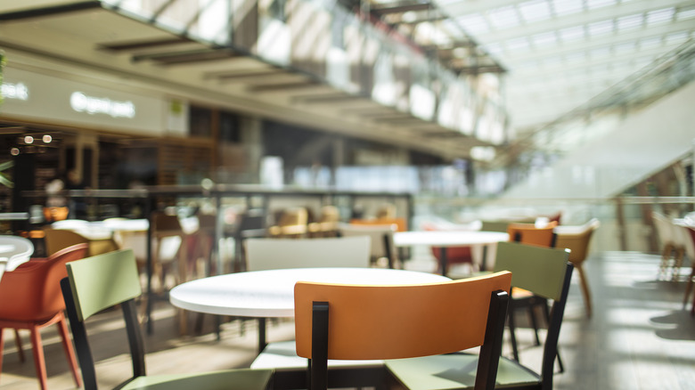 Unoccupied tables in an empty mall food court