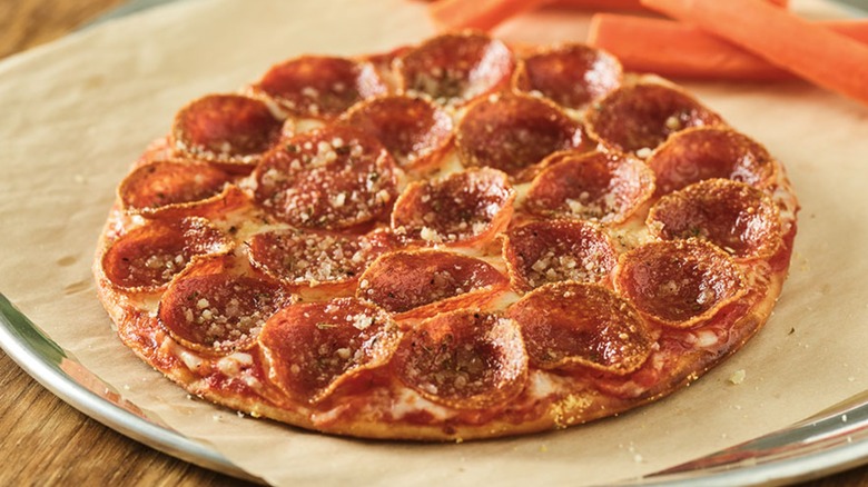 A Donatos personal pan pizza with pepperoni