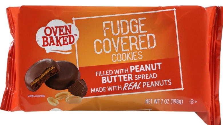 A package of Oven Baked Fudge Covered Cookies with Chocolate and Peanut Butter against a white background