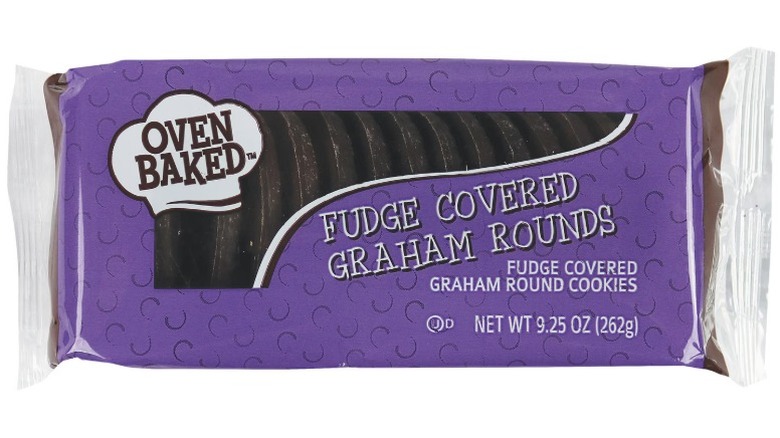 A package of Oven Baked Fudge Covered Graham Rounds against a white background
