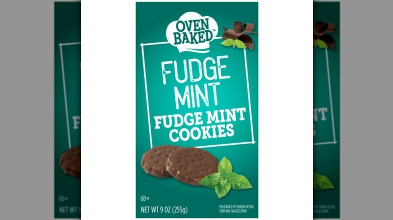 A box of Oven Baked Fudge Mint Cookies against a white background