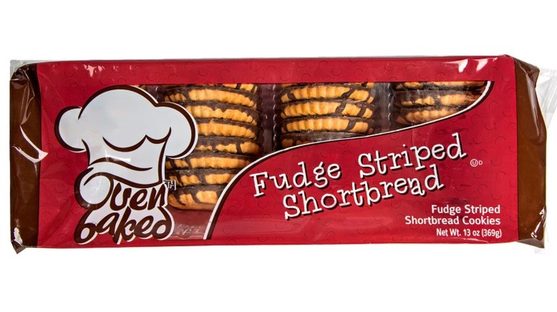 A package of Oven Baked Fudge-Striped Shortbread against a white background