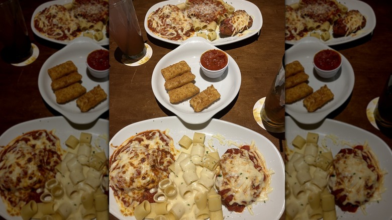 Tour of Italy dish with chicken parmesan and mozzarella sticks.