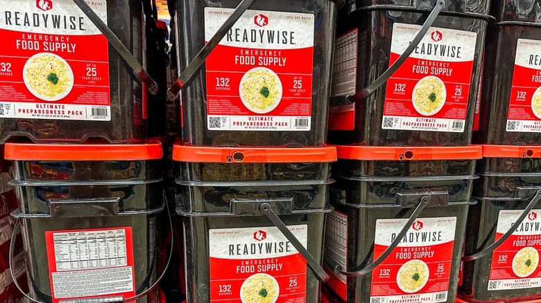 Stacks of emergency food kits available at Costco warehouse