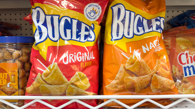 Bags of Bugles among other snacks