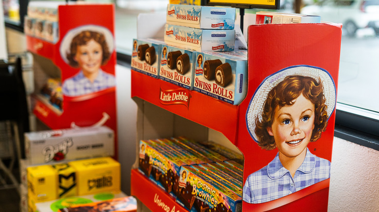 Little Debbie snack displays by a store window