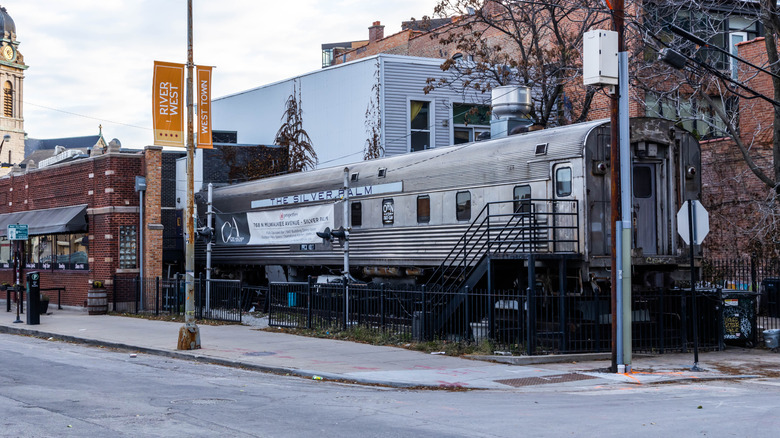 Exterior of The Silver Palm restaurant in Chicago, Illinois, which is housed in a train car