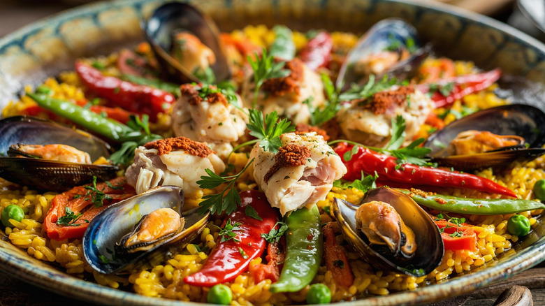 Paella with monkfish and mussels