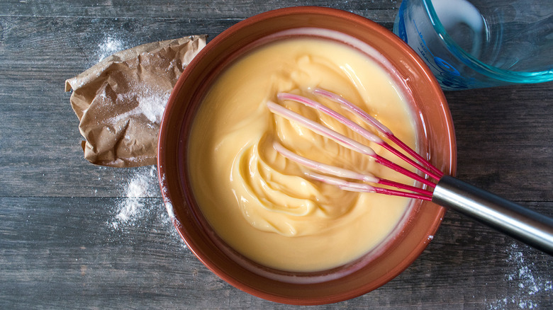 Instant vanilla pudding mix prepared with a whisk