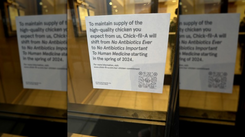Sign on Chick-fil-A door outlining antibiotics policy change