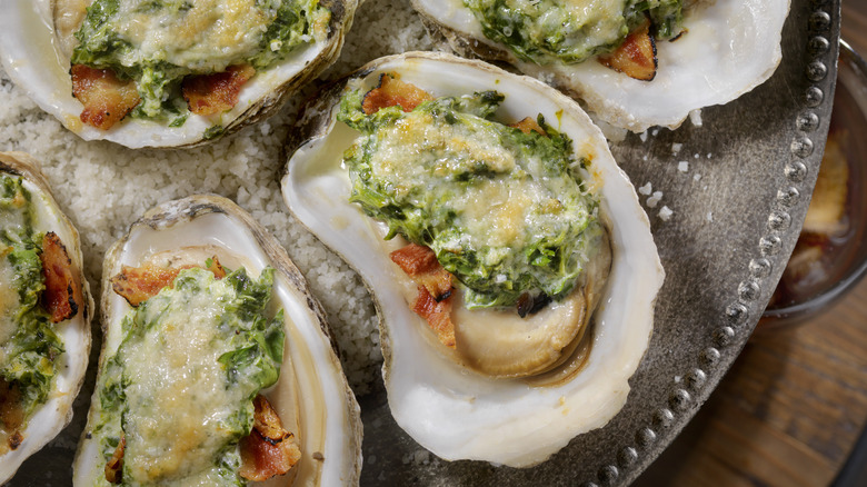 Oysters Rockefeller on a silver platter