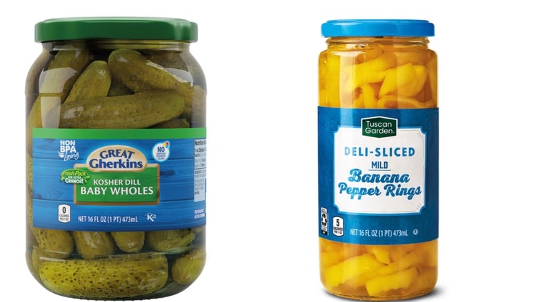 Jars of pickles and banana pepper rings from Aldi