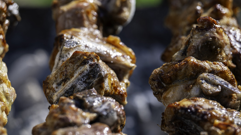 Closeup of skewered lamb