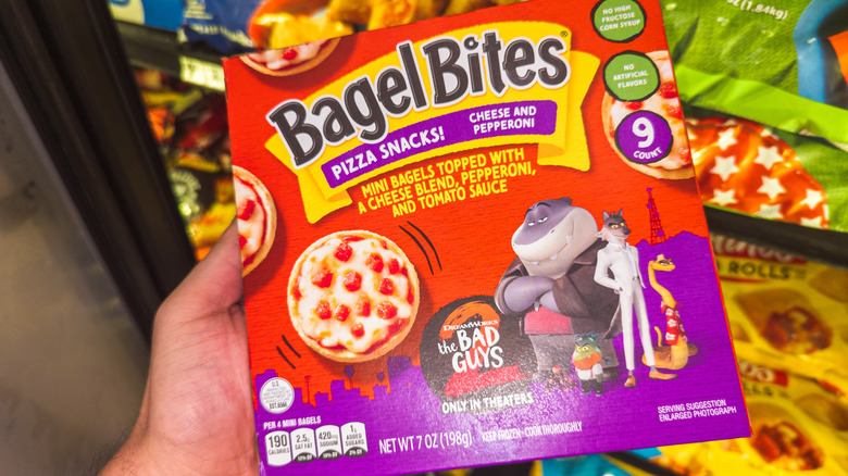 A package of Bagel Bites held in a hand.