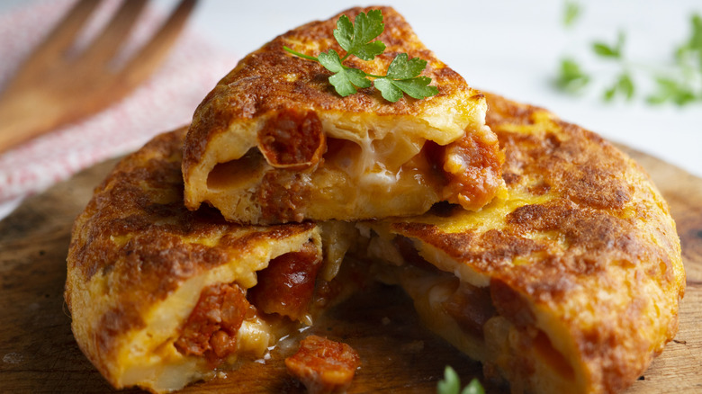 A Spanish omelet with chorizo sausage and parsley