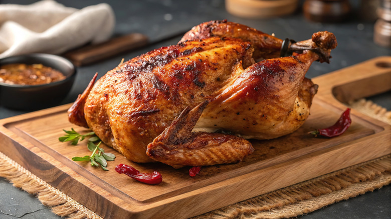 A whole roasted chicken sits on a wooden cutting board