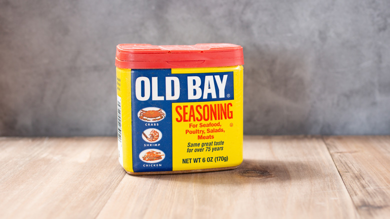 Old Bay Seasoning package on a wood surface