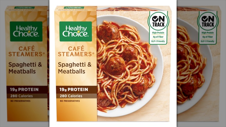 A Healthy Choice Cafe Steamers Spaghetti & Meatballs package.