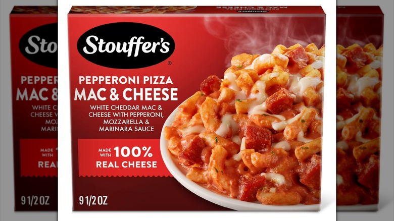 A package of Stouffer's Pepperoni Pizza Mac & Cheese.