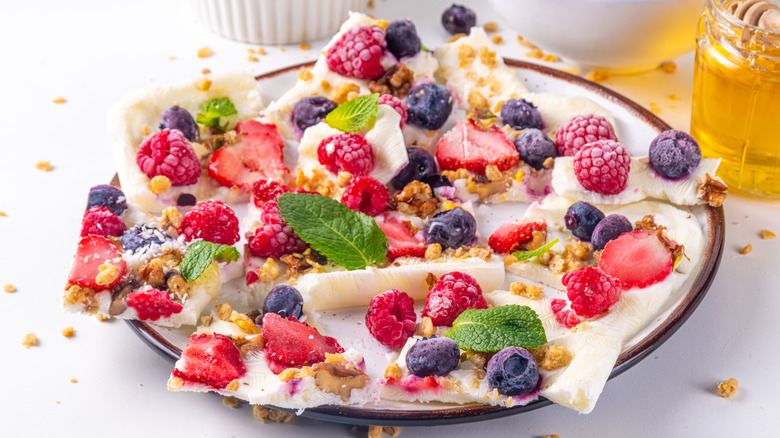 Pieces of yogurt bark with mint, blueberries, raspberries, and strawberries
