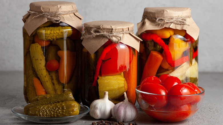 Jars of pickled vegetables