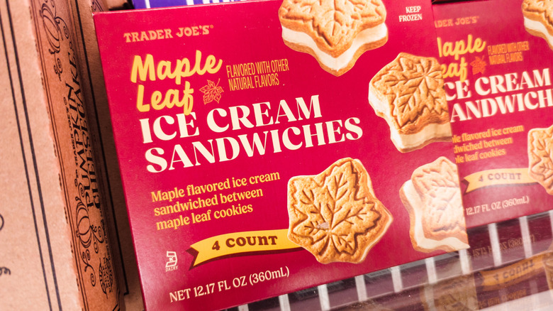Packages of Trader Joe's Maple Leaf Ice Cream Sandwiches